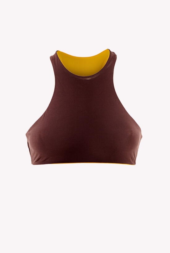 Halter neck bikini top, reversible, in microfiber. Reverse Collection - Yellow/Brown, L