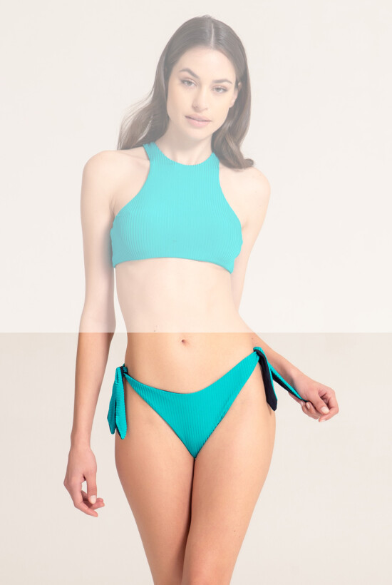 Bikini bottom with wide adjustable laces, reversible, in ribbed recyled fabric. Ribbed Collection - S, Black/petrol Blue