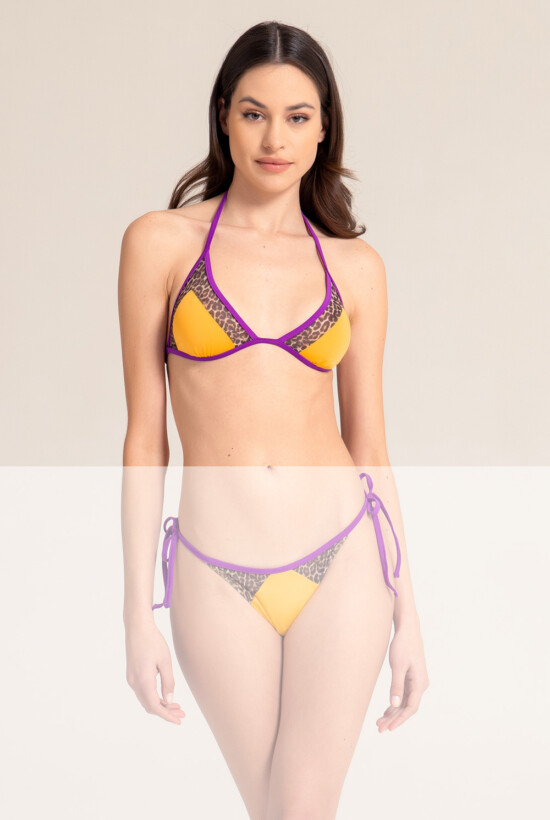 Triangle bikini top with mesh inserts. Rock Collection - M, Yellow/Animalier Mesh
